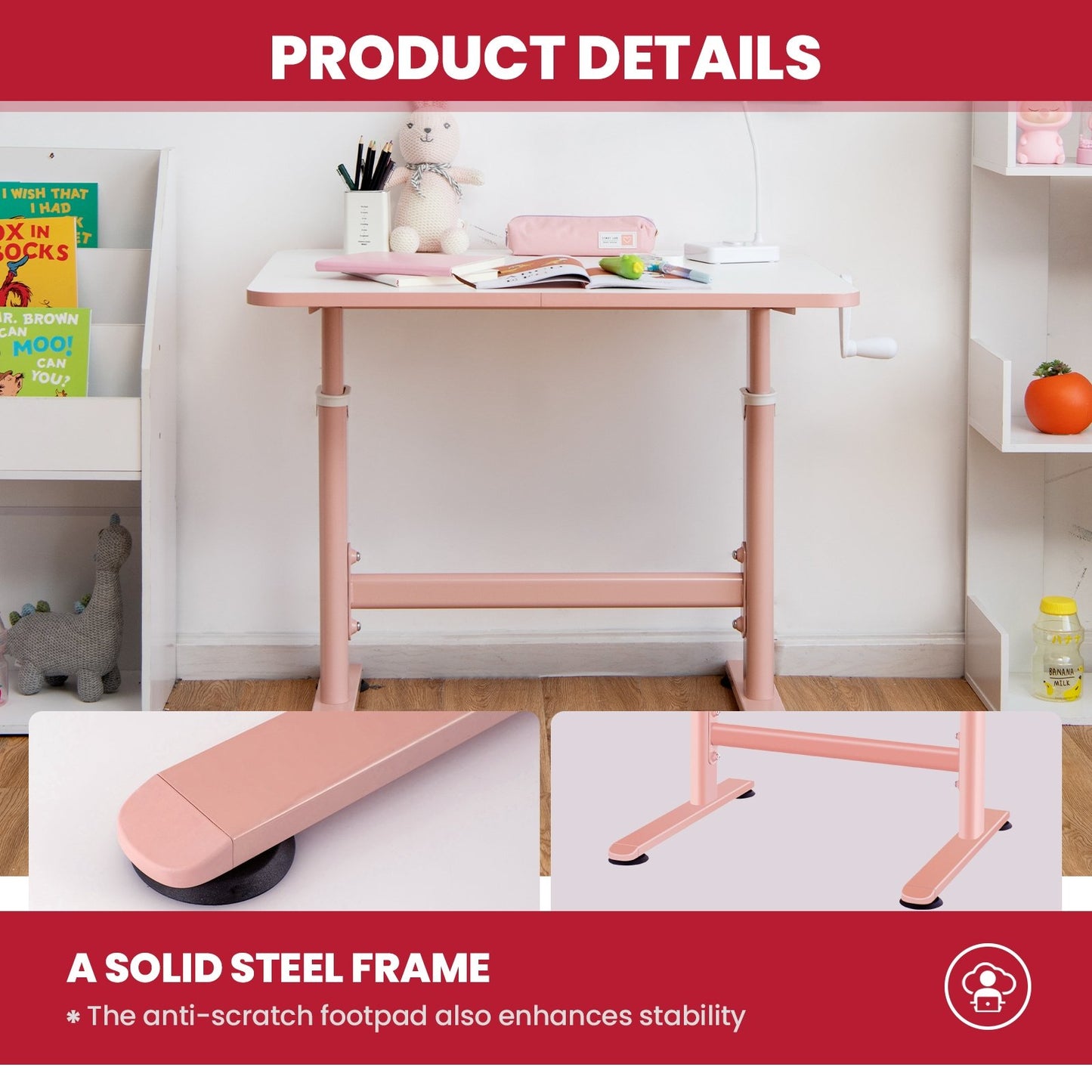 32 x 24 Inch Height Adjustable Desk with Hand Crank Adjusting for Kids, Pink at Gallery Canada