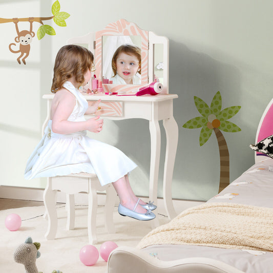 Kids Vanity Table Set With Tri-Folding Mirror, Pink