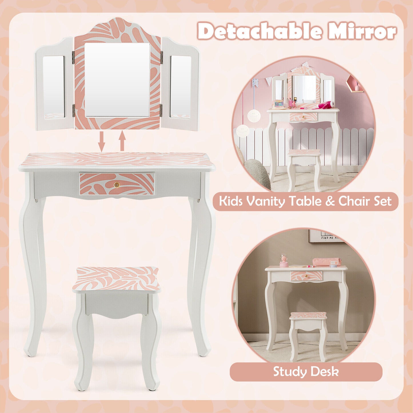 Kids Vanity Table Set With Tri-Folding Mirror, Pink