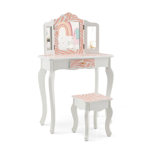 2-in-1 Kids Vanity Table Set with Tri-Folding Mirror, Pink
