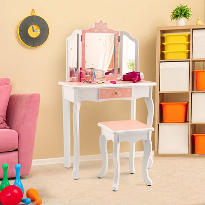 Princess Vanity Table and Chair Set with Tri-Folding Mirror and Snowflake Print, Pink