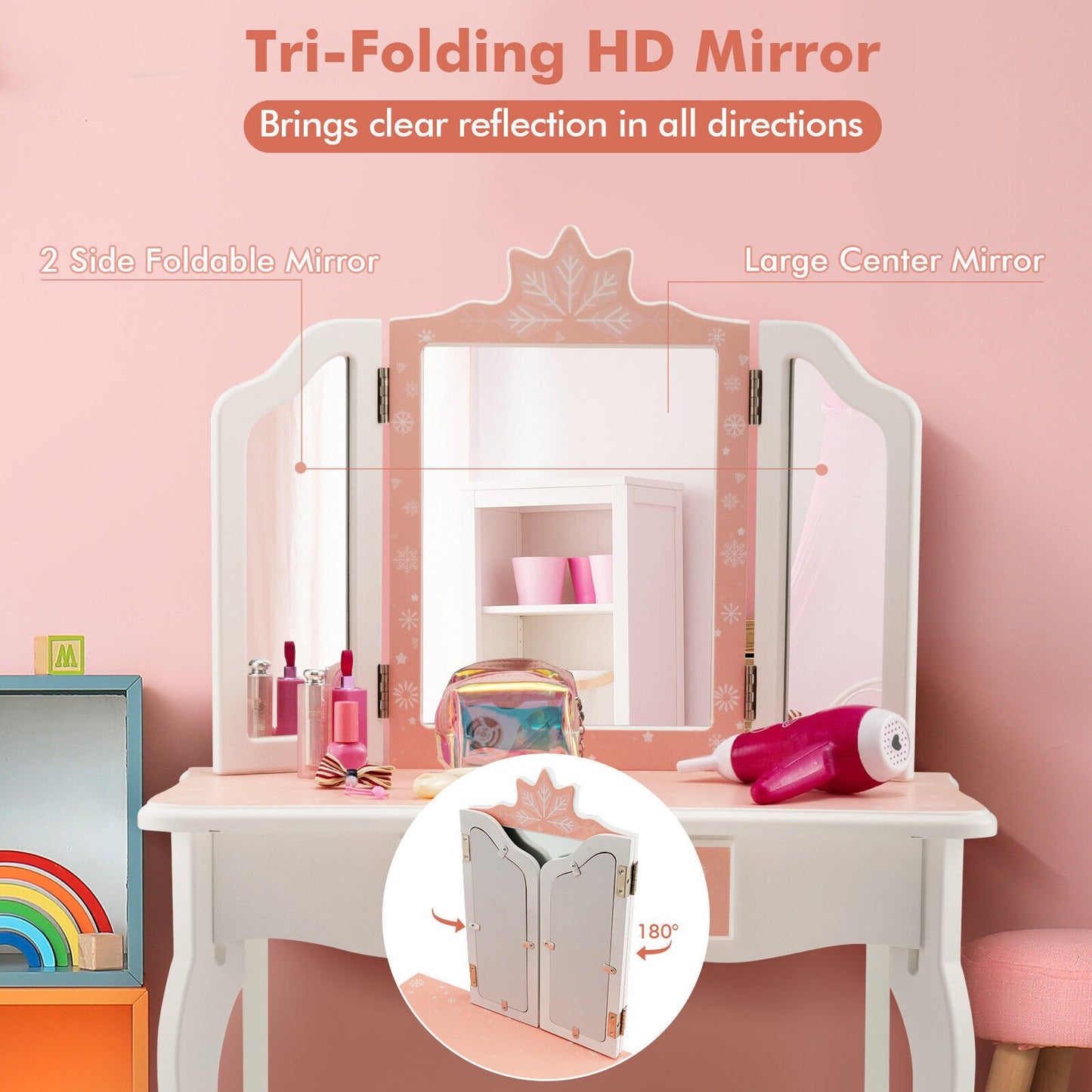 Princess Vanity Table and Chair Set with Tri-Folding Mirror and Snowflake Print, Pink
