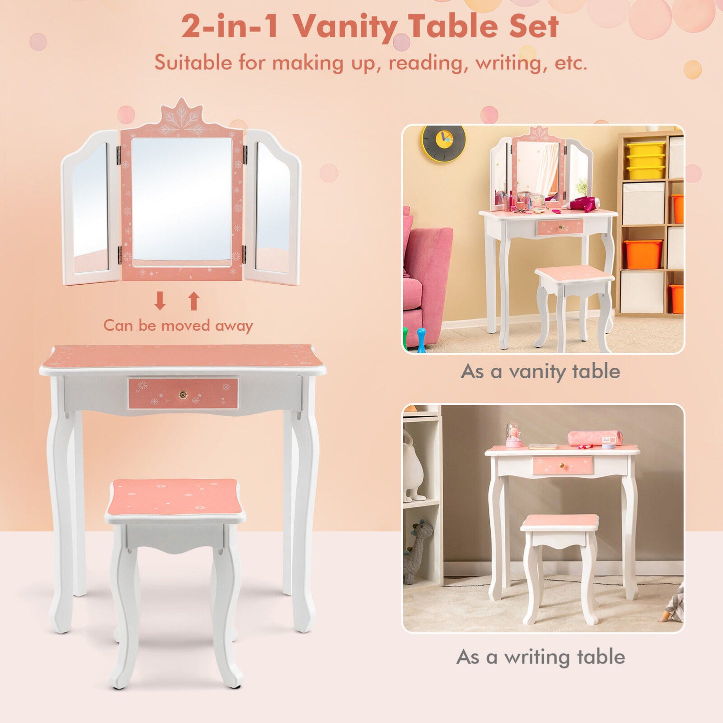 Princess Vanity Table, Chair Set, Tri-Folding Mirror, Pink Kids Vanities at Gallery Canada