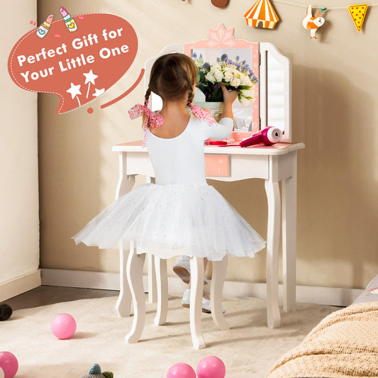 Princess Vanity Table, Chair Set, Tri-Folding Mirror, Pink Kids Vanities Pink at Gallery Canada
