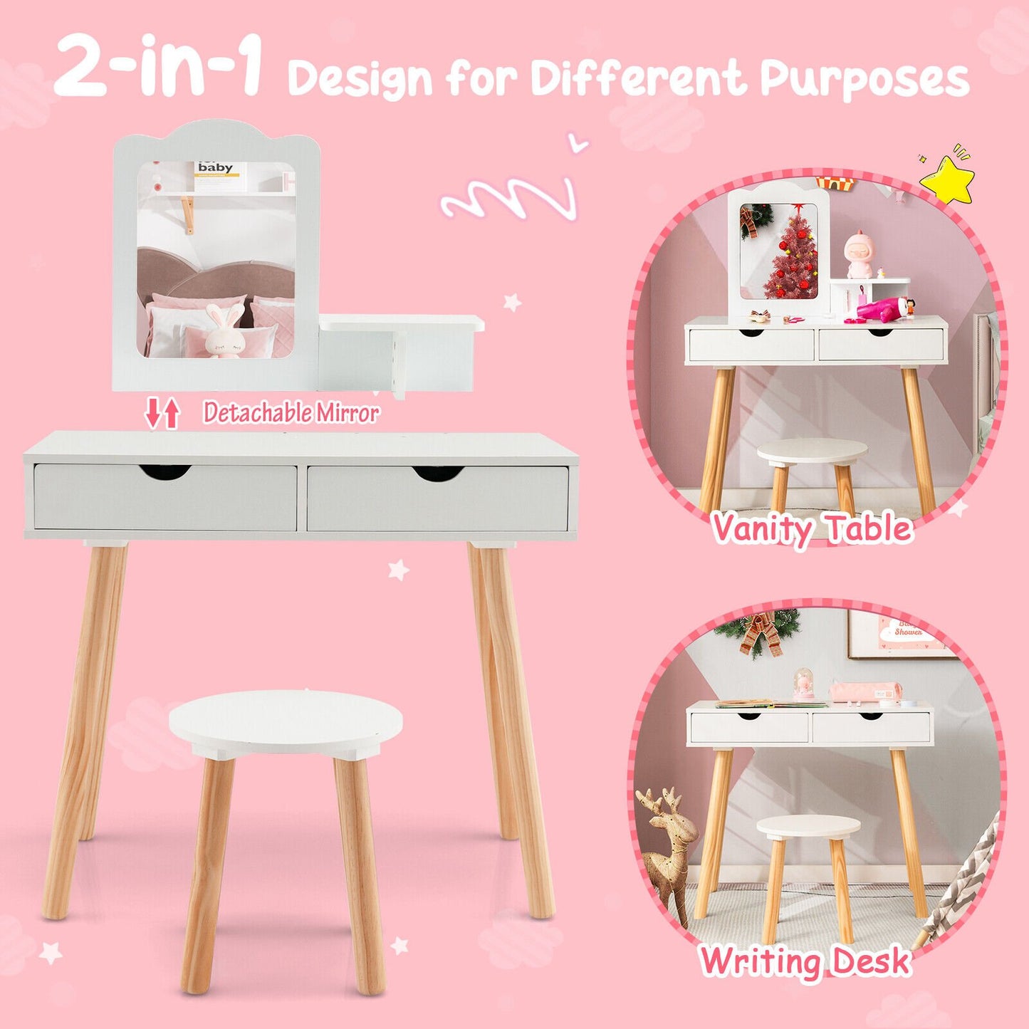 Kid Vanity Table Chair Set with Mirror and 2 Large Storage Drawers, White at Gallery Canada