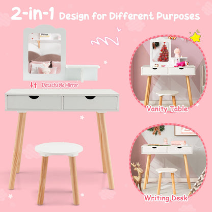 Kid Vanity Table Chair Set with Mirror and 2 Large Storage Drawers, White
