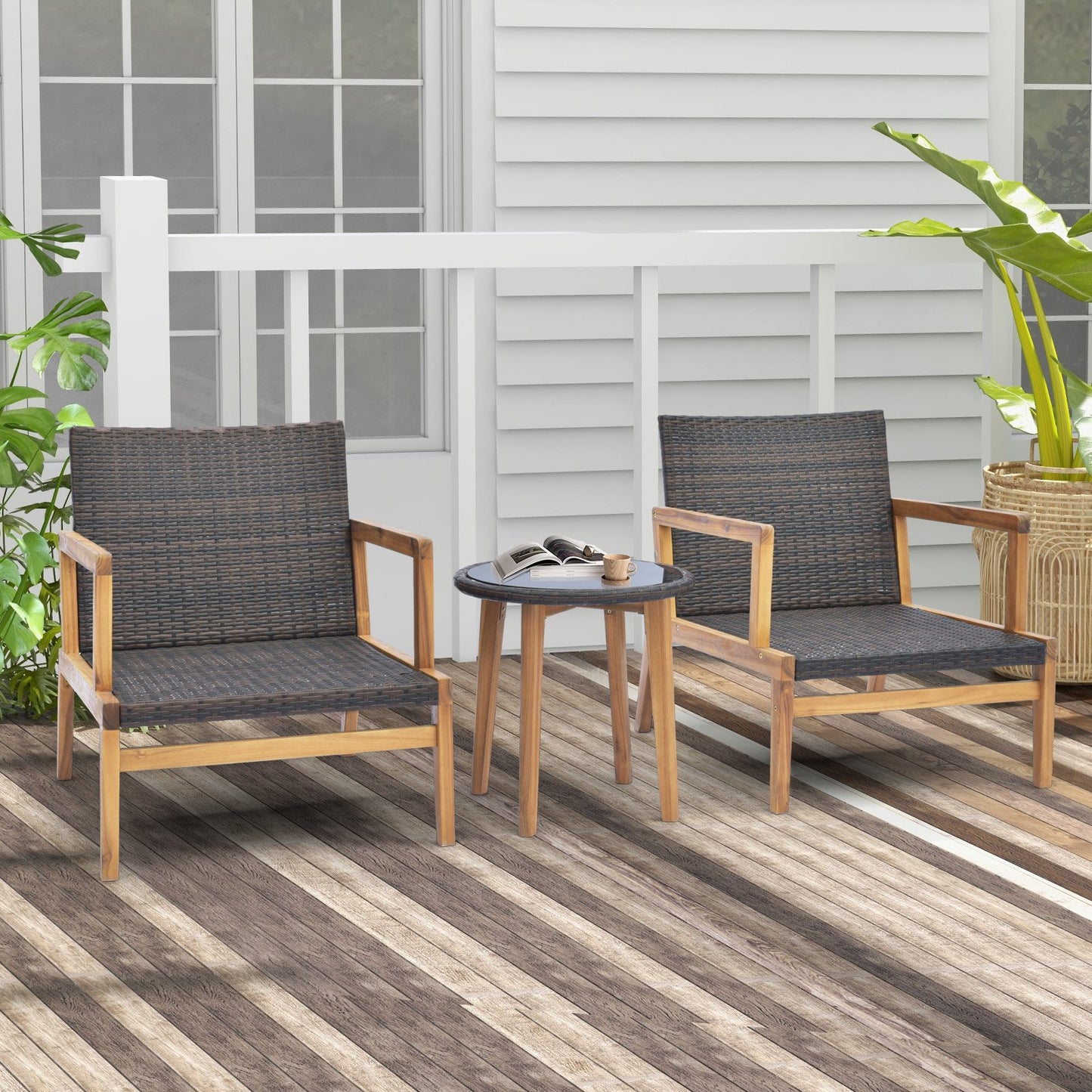 3 Pieces Patio Furniture Set with Cushioned Chairs and Tempered Glass Side Table, Brown