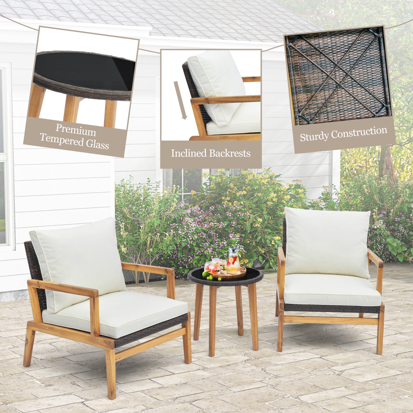 3 Pieces Patio Furniture Set with Cushioned Chairs and Tempered Glass Side Table, Brown Patio Conversation Sets at Gallery Canada