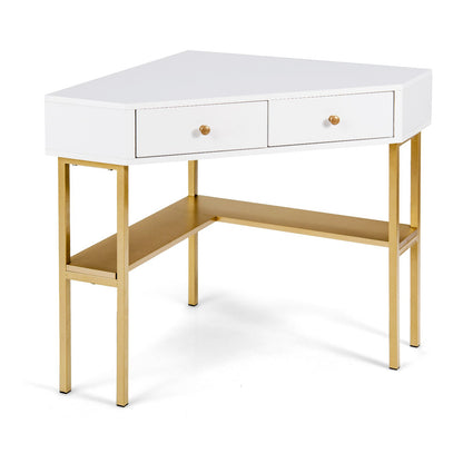 Space Saving Corner Computer Desk with 2 Large Drawers and Storage Shelf, Golden at Gallery Canada