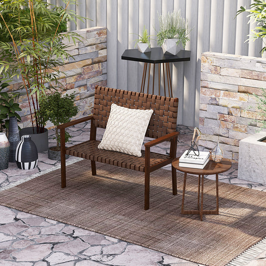 Outdoor All Weather Bench, Solid Rubber Wood Frame, Hand Woven PU Leather, Brown Outdoor Benches Brown at Gallery Canada