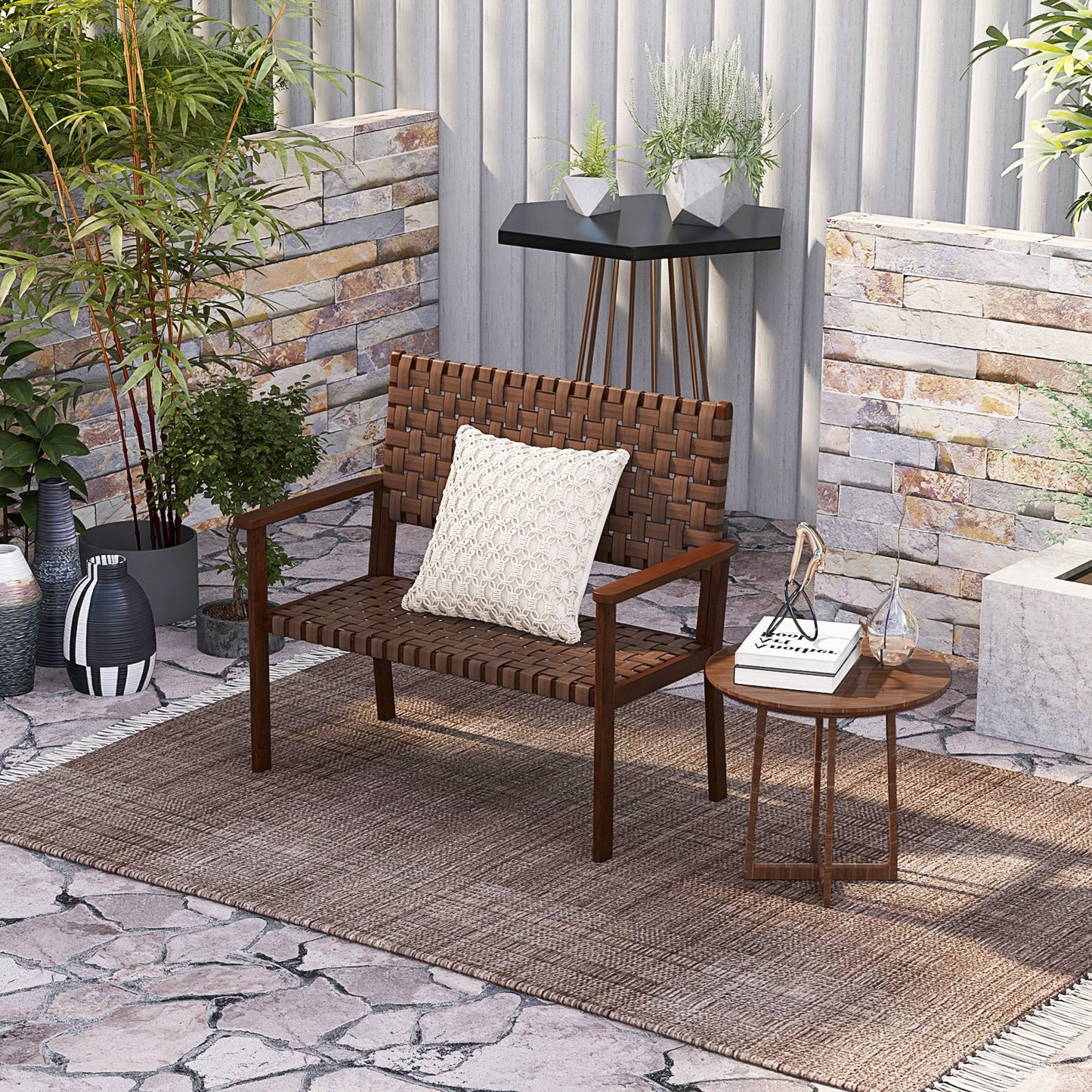 Outdoor All Weather Bench with Solid Rubber Wood Frame and Hand Woven PU Leather, Brown