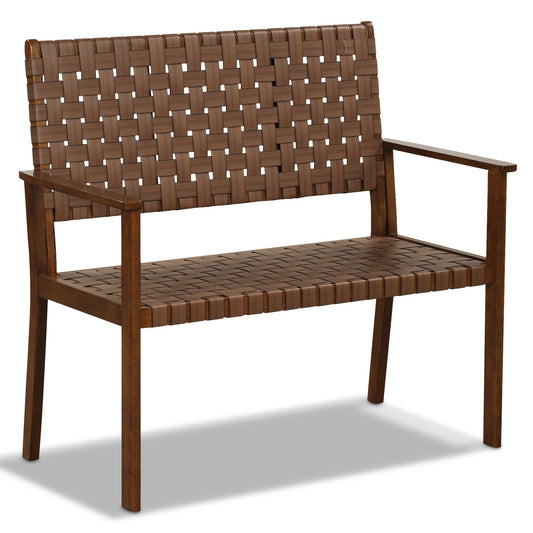 Outdoor All Weather Bench with Solid Rubber Wood Frame and Hand Woven PU Leather, Brown