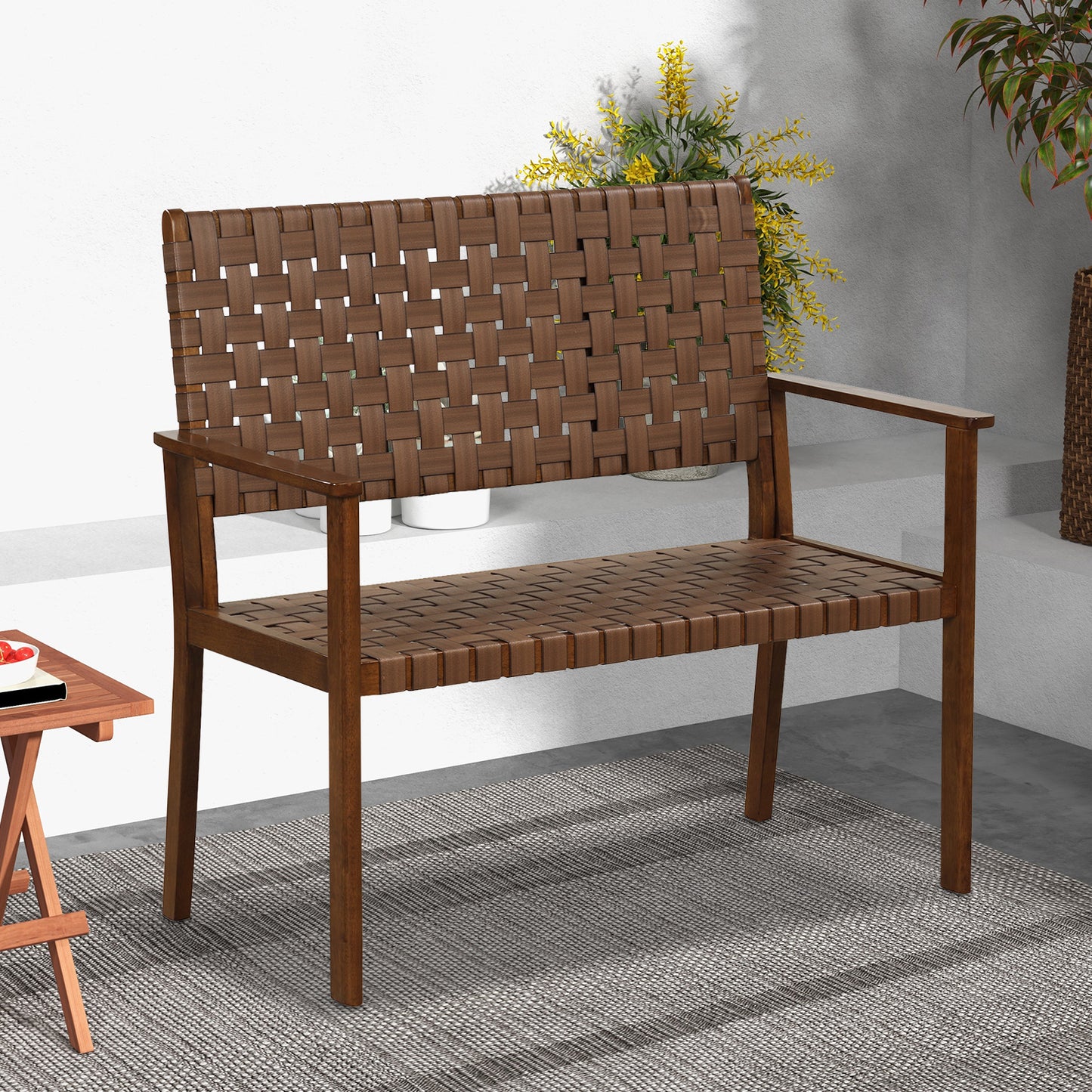 Outdoor All Weather Bench, Solid Rubber Wood Frame, Hand Woven PU Leather, Brown Outdoor Benches at Gallery Canada
