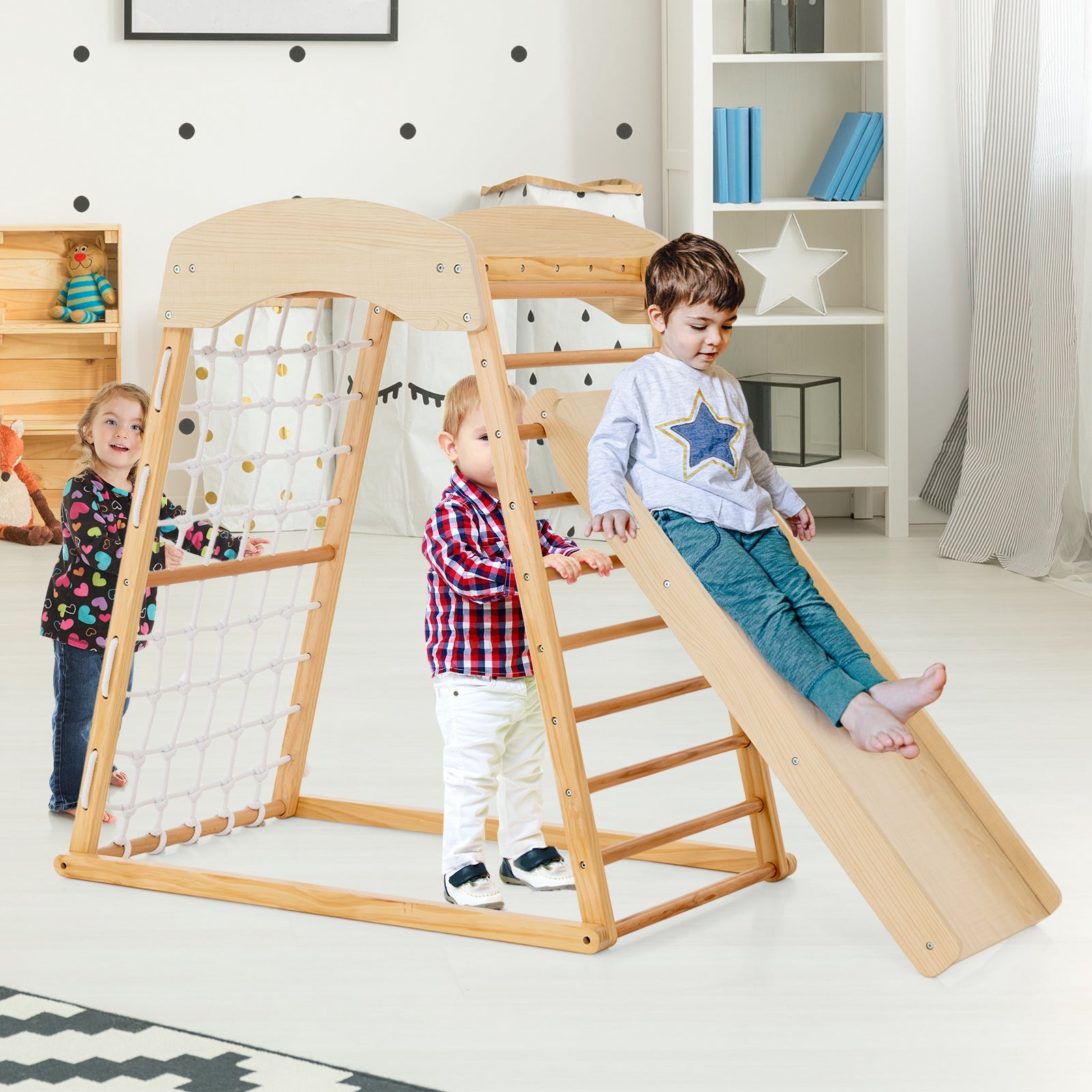 6-in-1 Jungle Gym Wooden Indoor Playground with Double-Sided Ramp and Monkey Bars, Natural Climbers & Slides at Gallery Canada