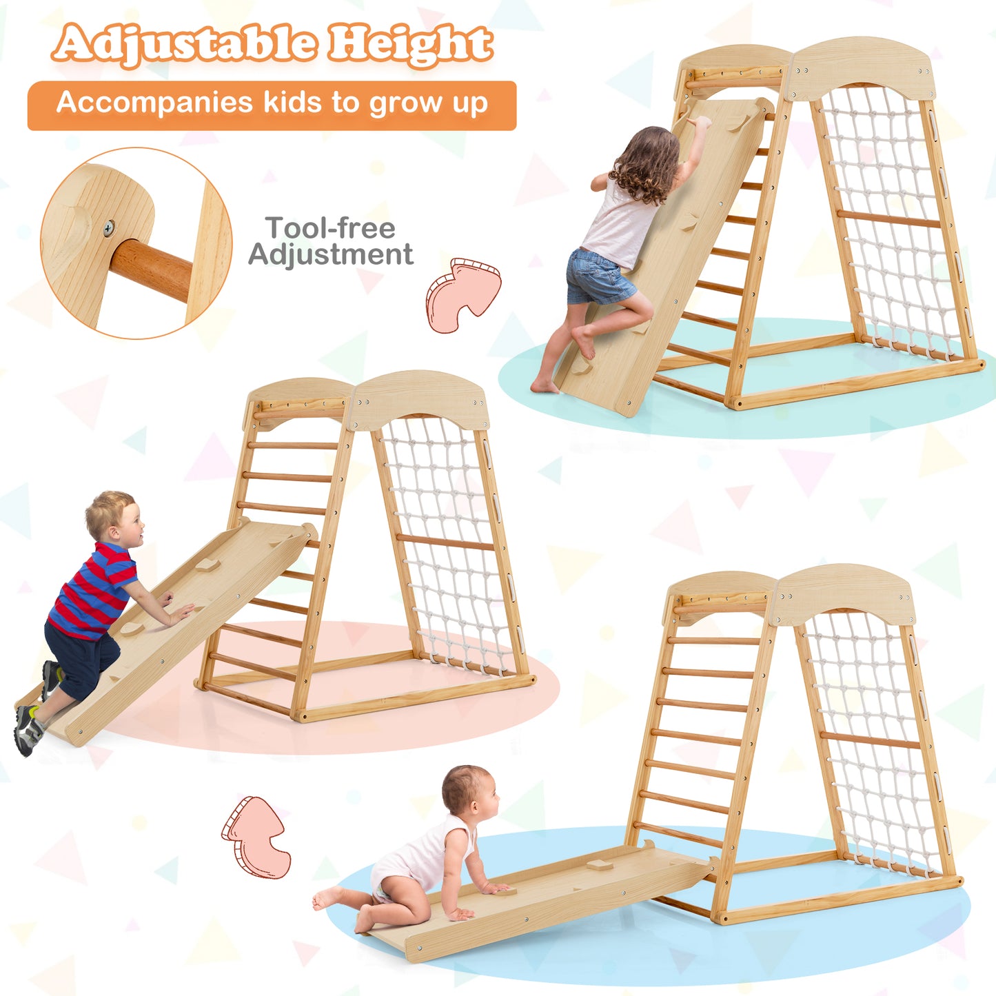 6-in-1 Jungle Gym Wooden Indoor Playground with Double-Sided Ramp and Monkey Bars, Natural Climbers & Slides at Gallery Canada