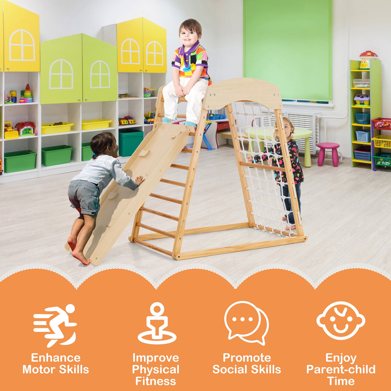 6-in-1 Jungle Gym Wooden Indoor Playground with Double-Sided Ramp and Monkey Bars, Natural Climbers & Slides at Gallery Canada