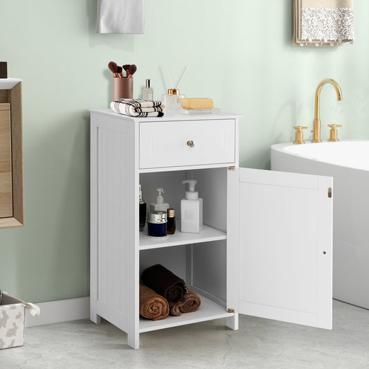 Single Door Bathroom Cabinet with Adjustable Shelf and Drawer, White Floor Cabinets White at Gallery Canada