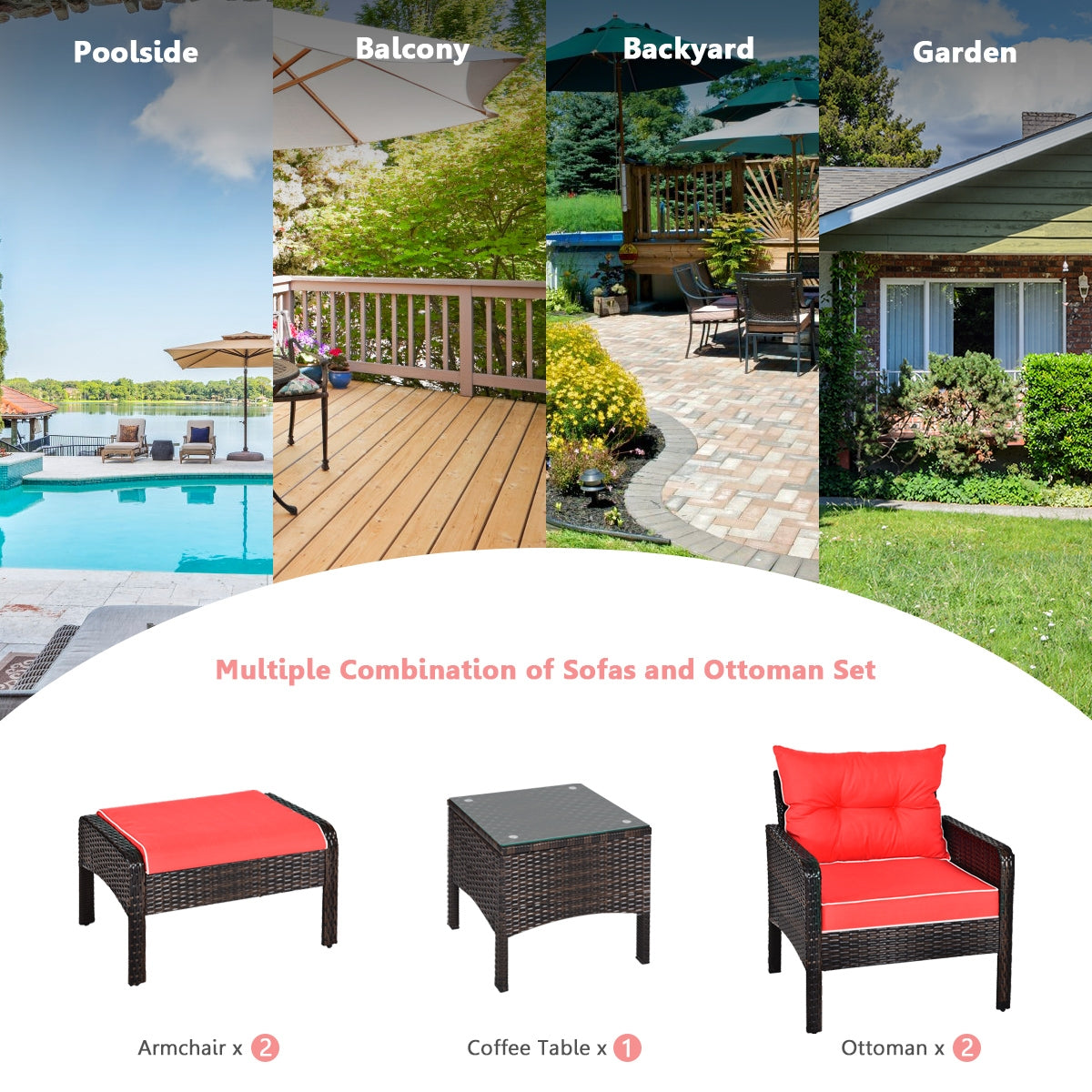 5 Pcs Patio Rattan Sofa Ottoman Furniture Set with Cushions, Red Patio Furniture Sets at Gallery Canada