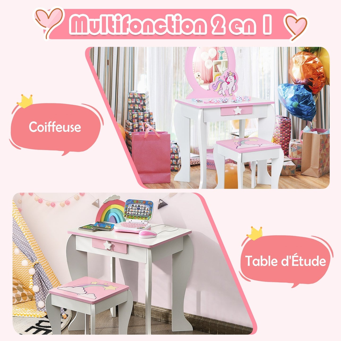 Kids Wooden Makeup Dressing Table and Chair Set with Mirror and Drawer, White at Gallery Canada