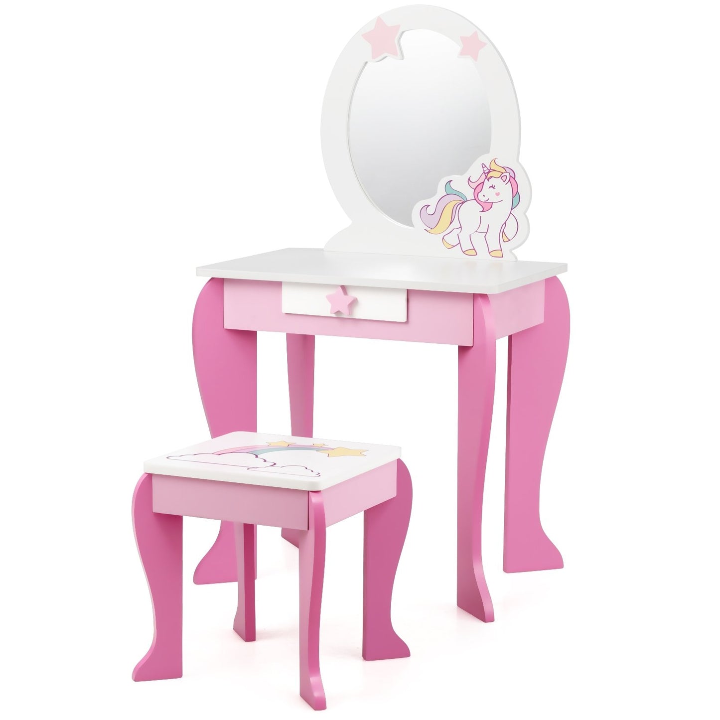 Kids Wooden Makeup Dressing Table and Chair Set with Mirror and Drawer, Pink