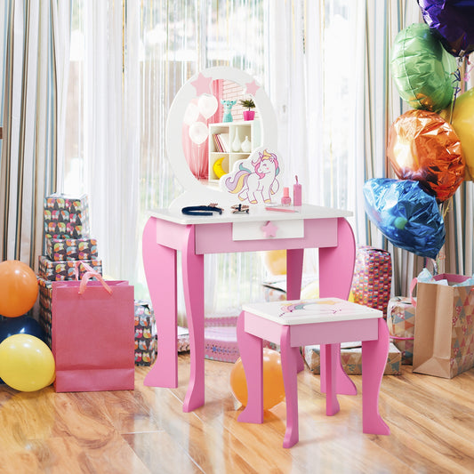 Kids Wooden Makeup Table And Chair Set, With Mirror And Drawer, Pink Kids Vanities Pink at Gallery Canada