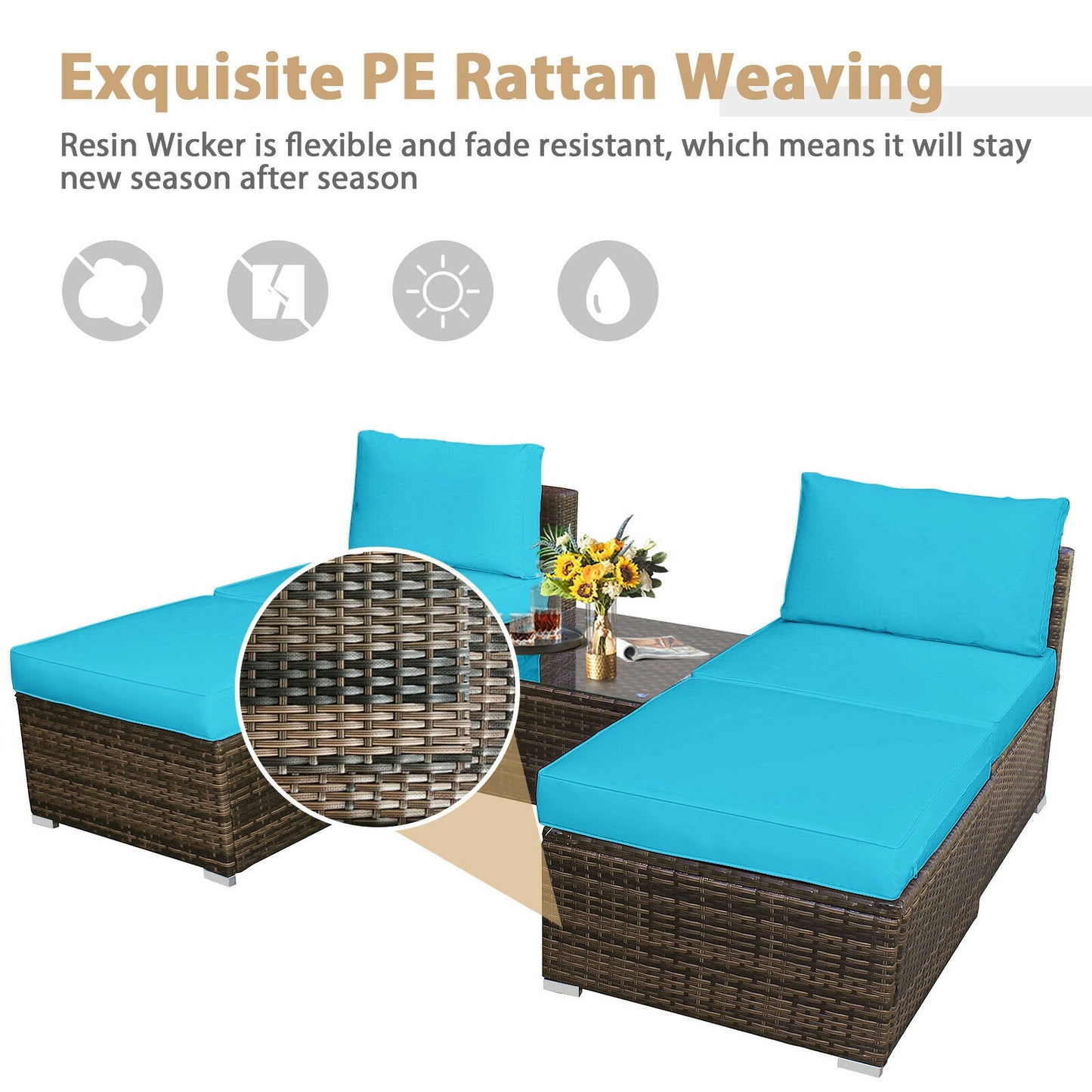 5 Piece Patio Rattan Furniture Set, Turquoise
