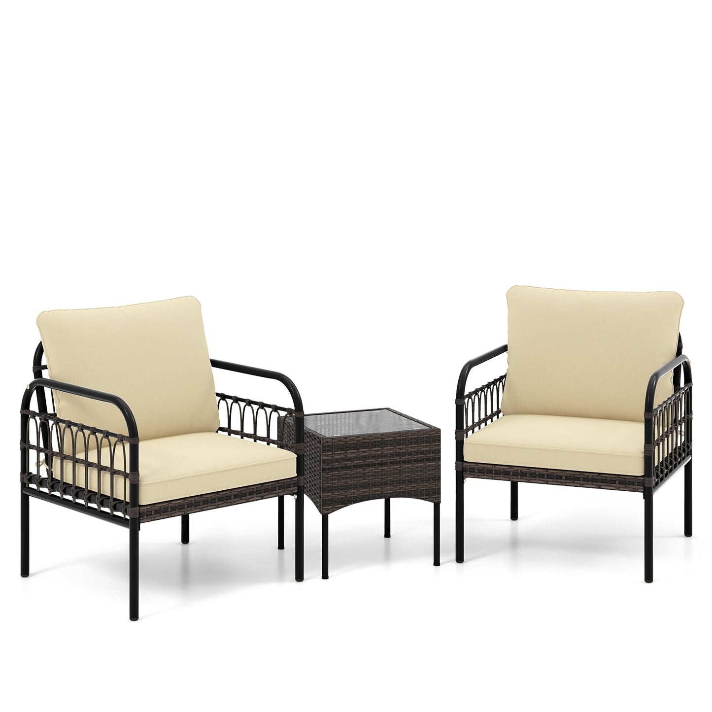 3 Pieces Patio Wicker Conversation Set with Cushions and Tempered Glass Coffee Table, Beige