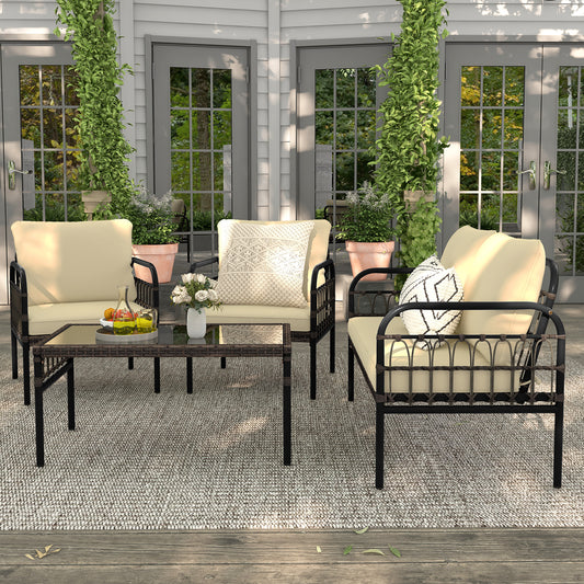 4 Pieces Outdoor Wicker Conversation Bistro Set with Soft Cushions and Tempered Glass Coffee Table, Brown Patio Conversation Sets Brown at Gallery Canada