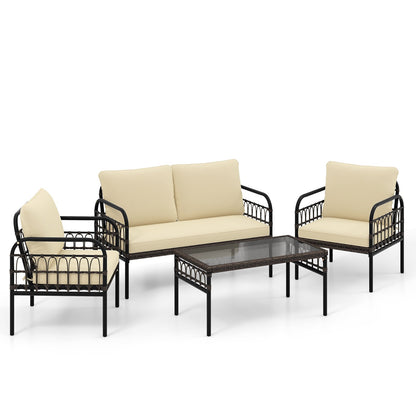4 Pieces Outdoor Wicker Conversation Bistro Set with Soft Cushions and Tempered Glass Coffee Table, Brown