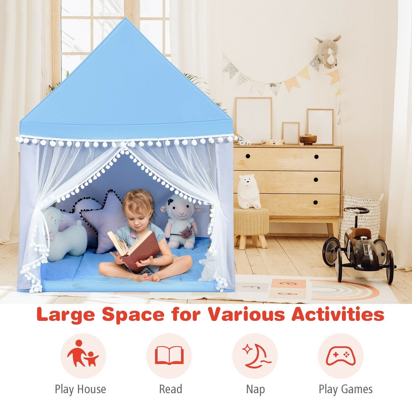 Kids Play Tent Large Playhouse Children Play Castle Fairy Tent Gift with Mat, Blue at Gallery Canada
