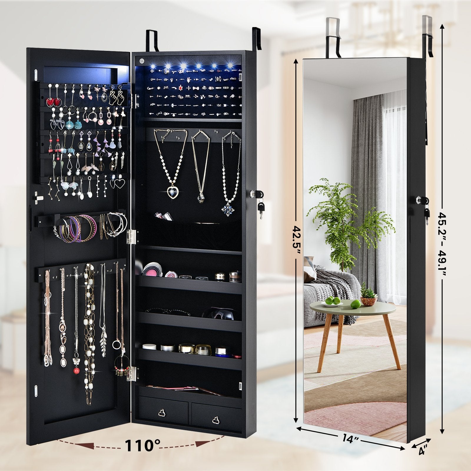 Wall Mounted Full Screen Mirror Jewelry Cabinet Armoire wirth 6 LEDs, Black at Gallery Canada