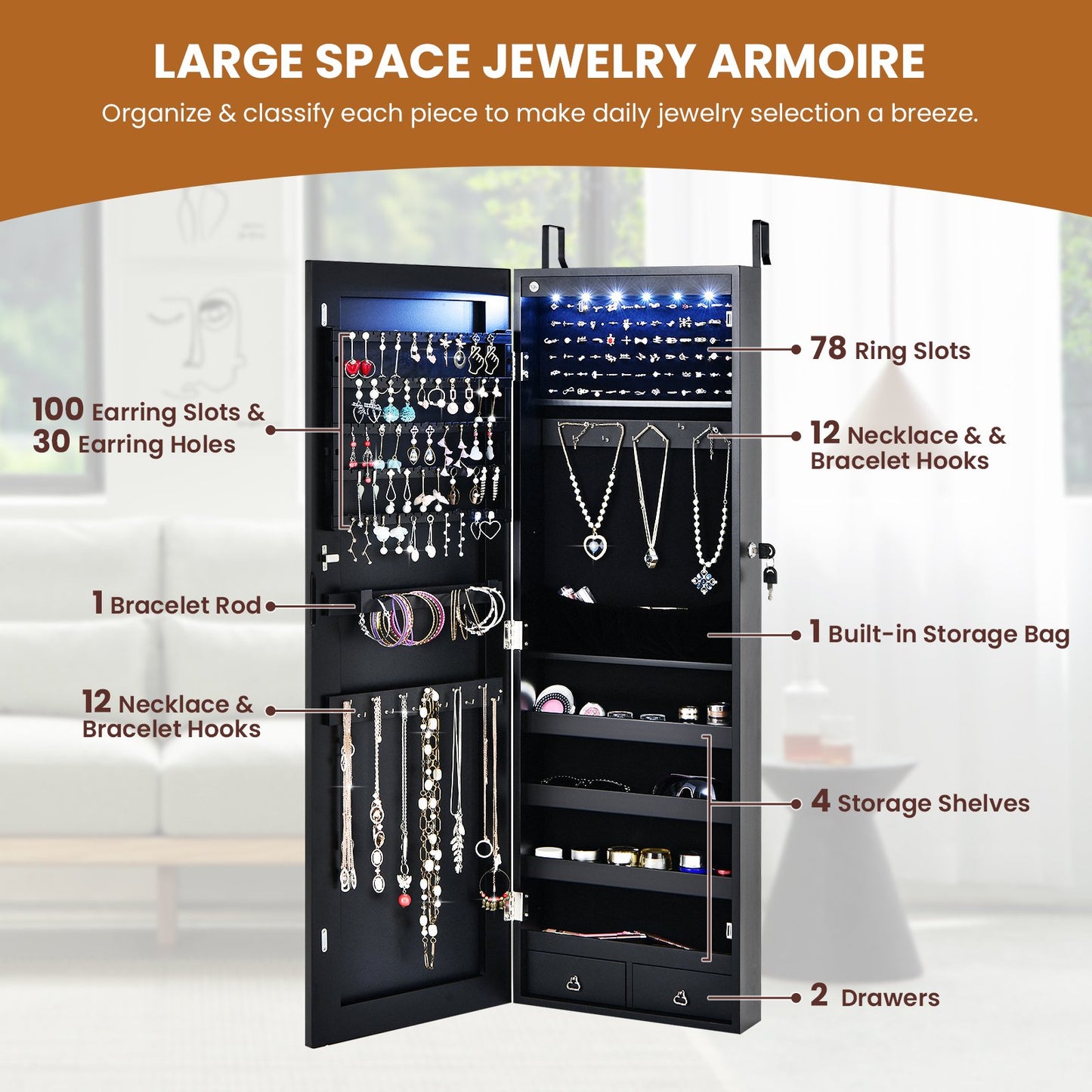 Wall Mounted Full Screen Mirror Jewelry Cabinet Armoire wirth 6 LEDs, Black at Gallery Canada