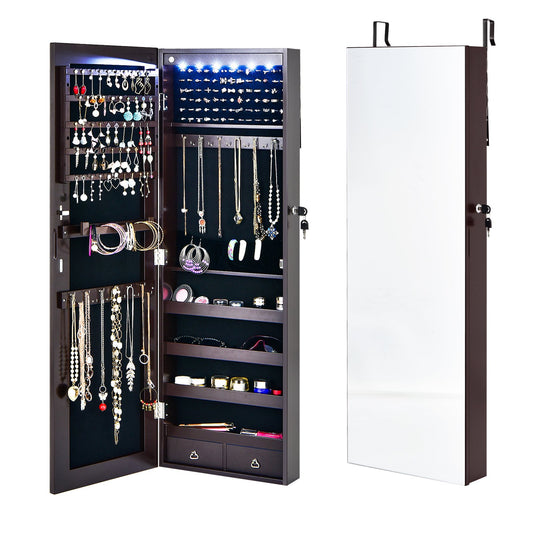 Wall Mounted Full Screen Mirror Jewelry Cabinet Armoire wirth 6 LEDs, Brown at Gallery Canada