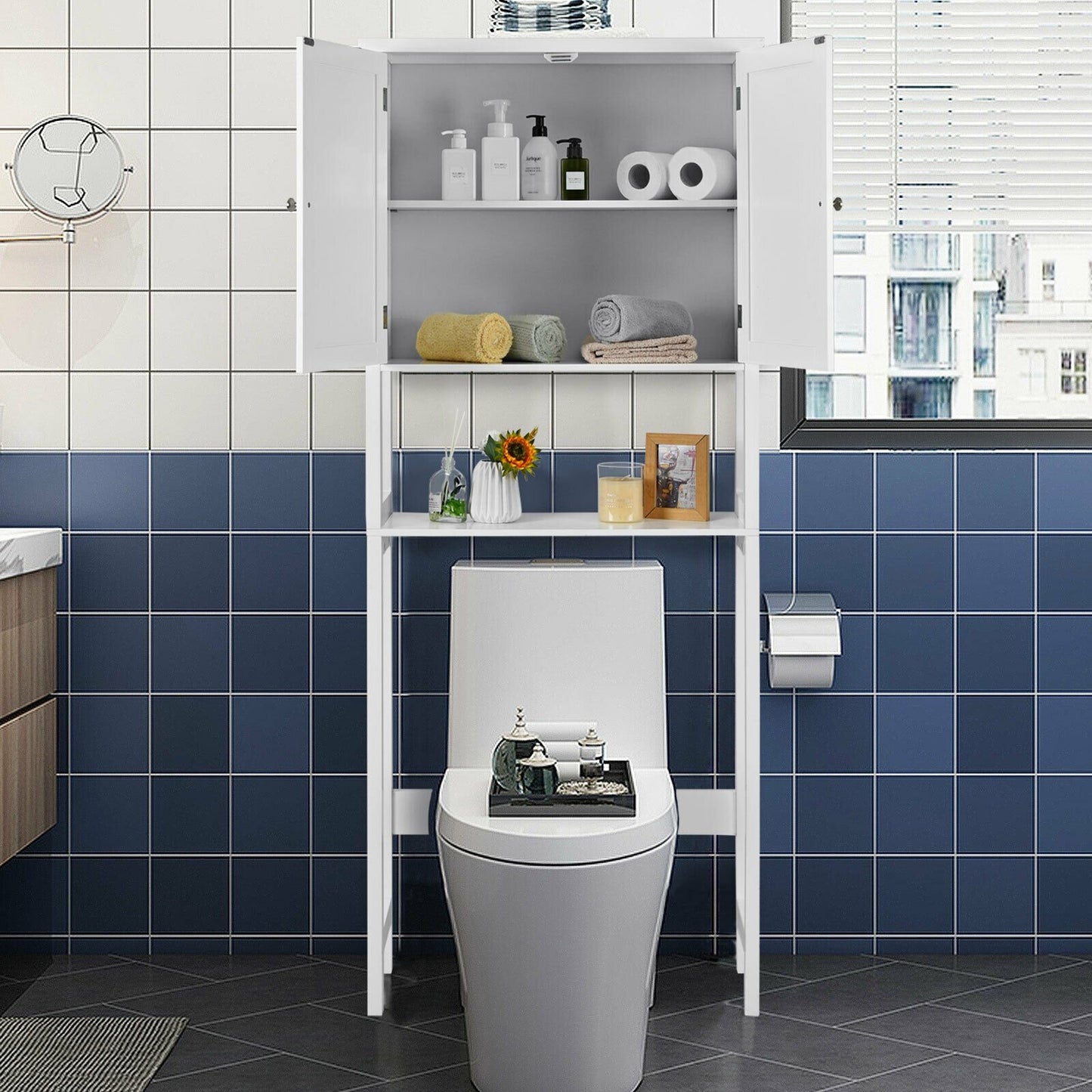 Over The Toilet Bathroom Storage Space Saver with Shelf, White