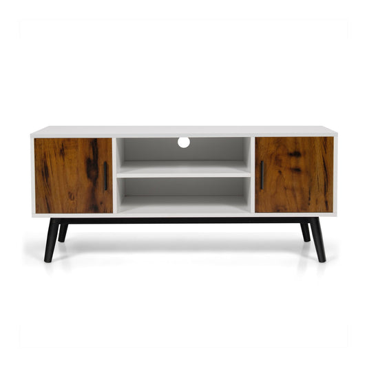 Mid-Century Wood TV Stand for 55 Inch with 2 Cabinets and Open Shelves, Brown & White at Gallery Canada