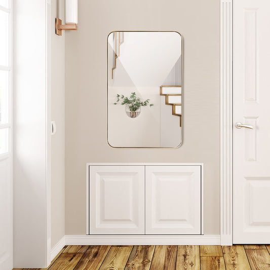 32 Inch x 20 Inch Metal Frame Wall-Mounted Rectangle Mirror, Golden Wall Mirrors Golden at Gallery Canada