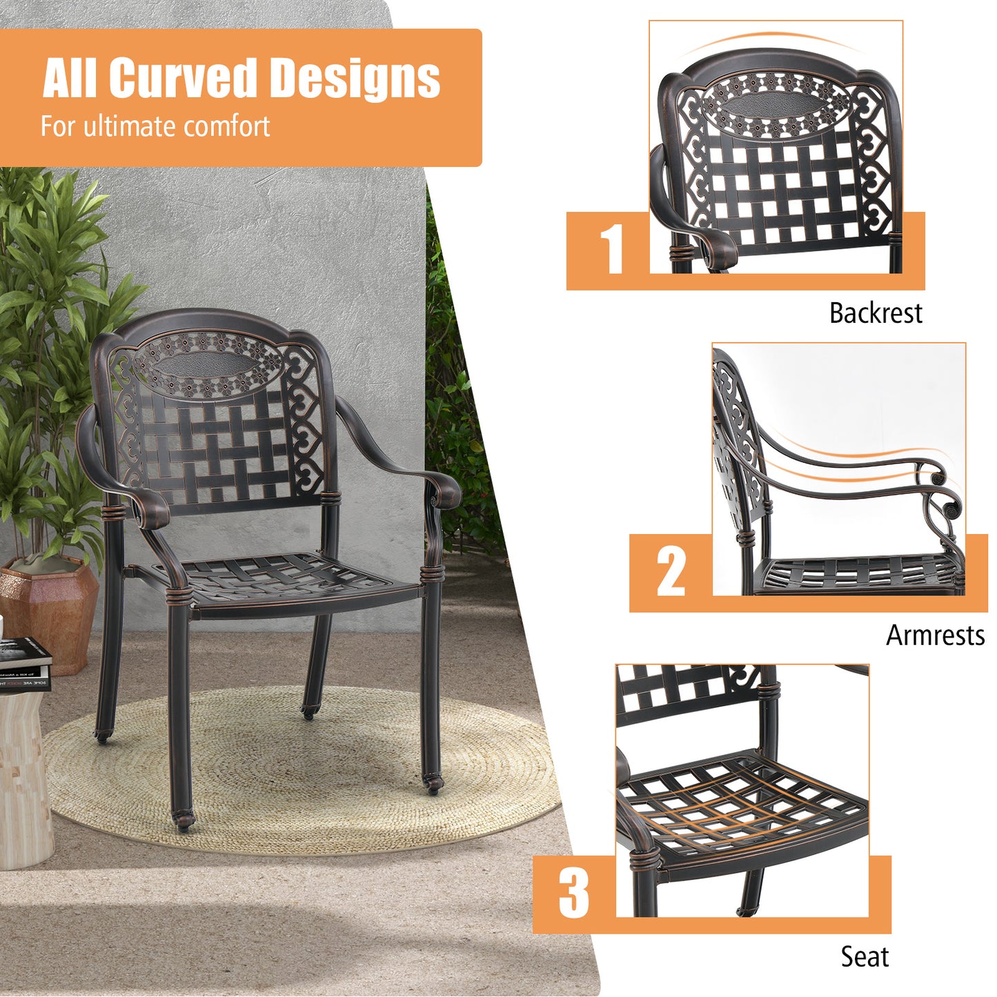 Set of 2 Cast Aluminum Patio Chairs with Armrests, Brown Patio Dining Chairs at Gallery Canada