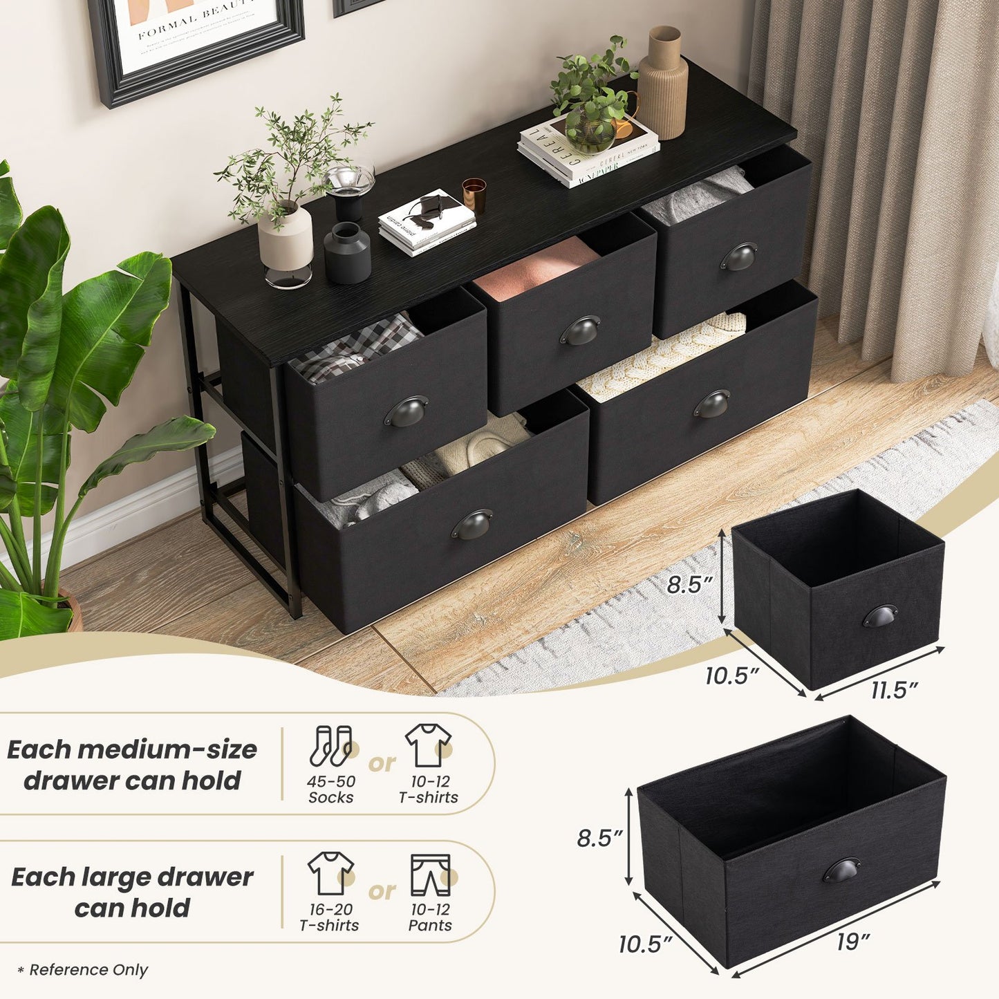 Dresser Storage Tower with 5 Foldable Cloth Storage Cubes, Black