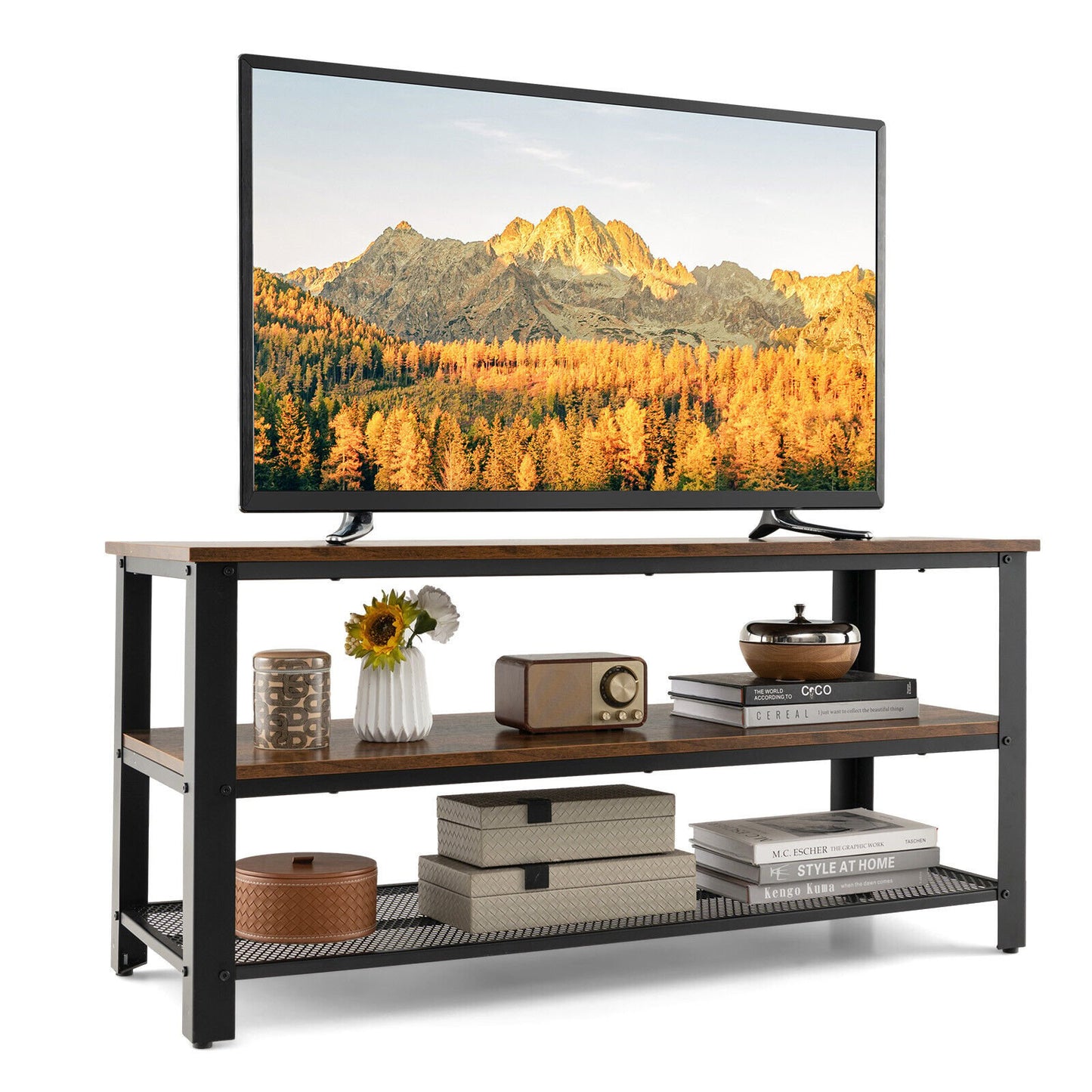 3-Tier Industrial Entertainment TV Stand with Metal Mesh Shelf, Brown at Gallery Canada