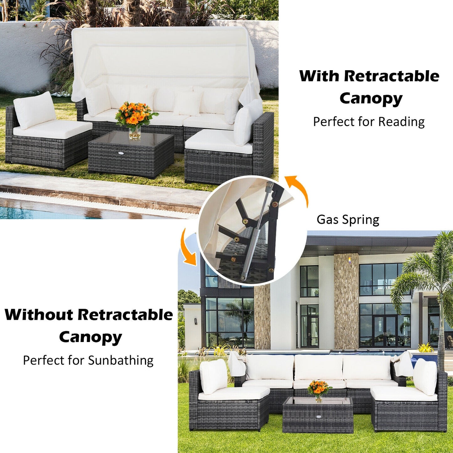 6-Piece Patio Rattan Furniture Set, Retractable Canopy, Gray