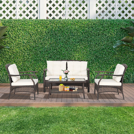 4 Piece Outdoor Rattan Conversation Set, With Protective Cover, Espresso