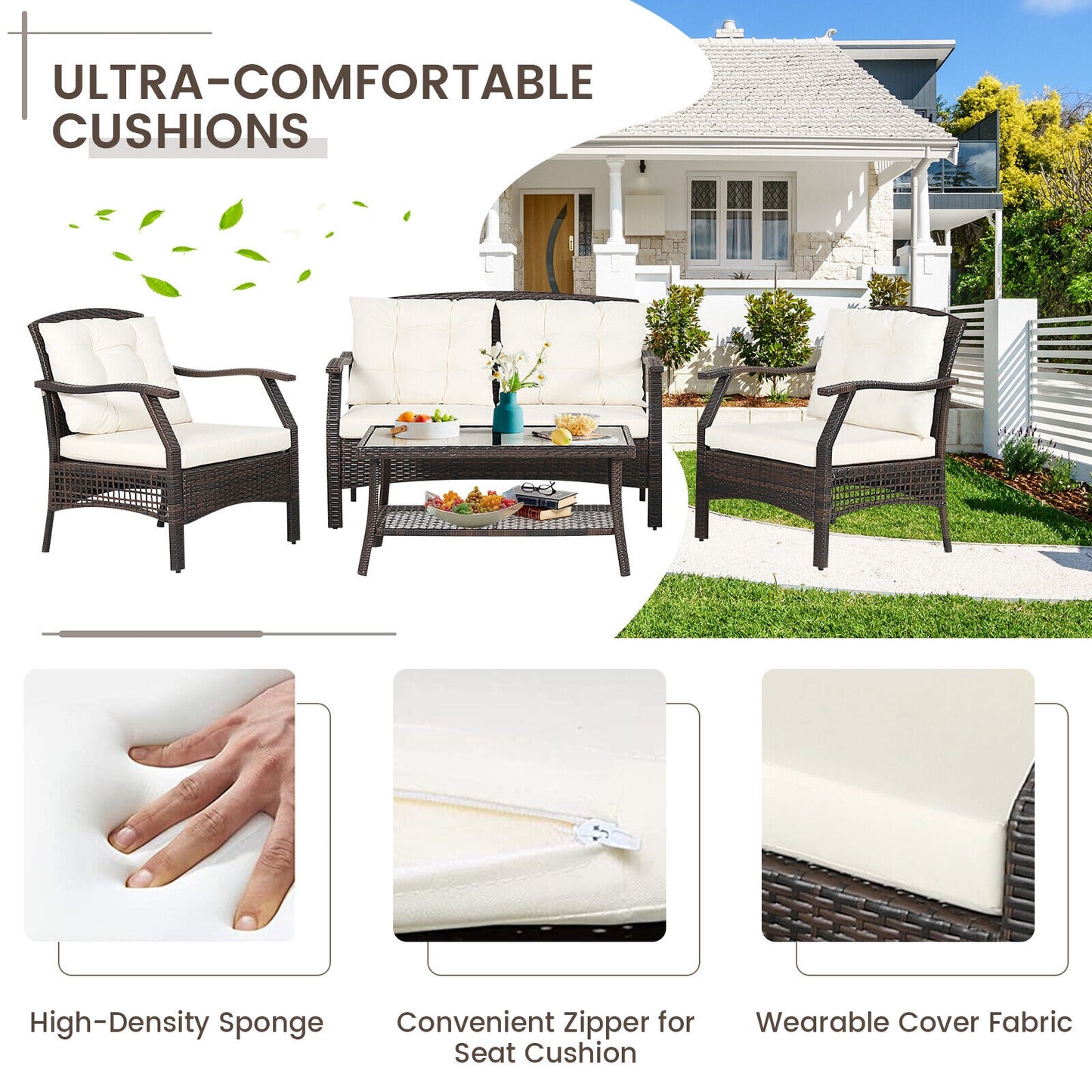 4 Piece Outdoor Rattan Conversation Set, With Protective Cover, Espresso Patio Conversation Sets at Gallery Canada