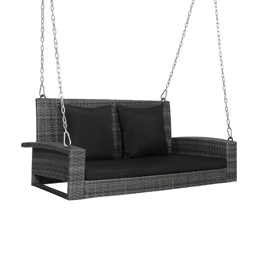 2-Person Patio PE Wicker Hanging Porch Swing Bench Chair Cushion 800 Pounds, Black