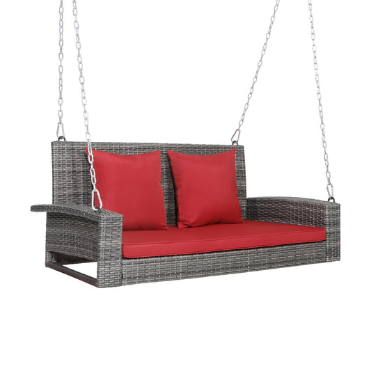 2-Person Patio PE Wicker Hanging Porch Swing Bench Chair Cushion 800 Pounds, Red