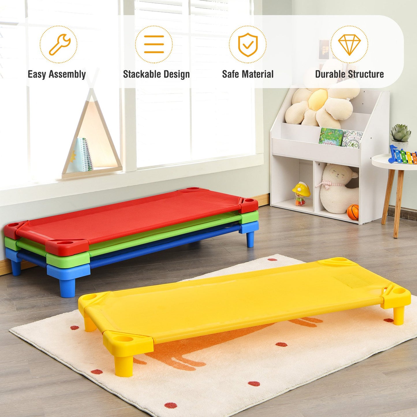 Pack of 4 Colorful Kids Stackable Naptime Cot, Multicolor
