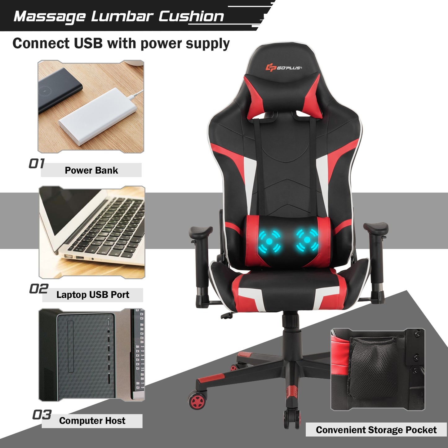 Reclining Swivel Massage Gaming Chair, Lumbar Support, Red Gaming Chairs at Gallery Canada