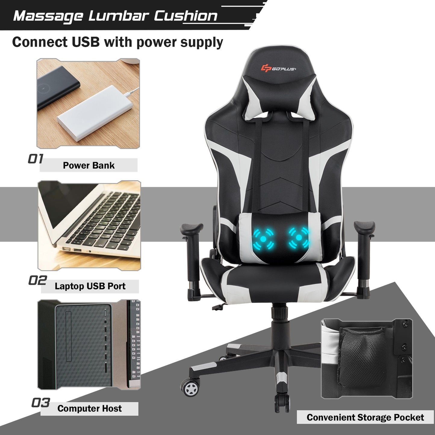 Reclining Swivel Massage Gaming Chair, White Gaming Chairs at Gallery Canada