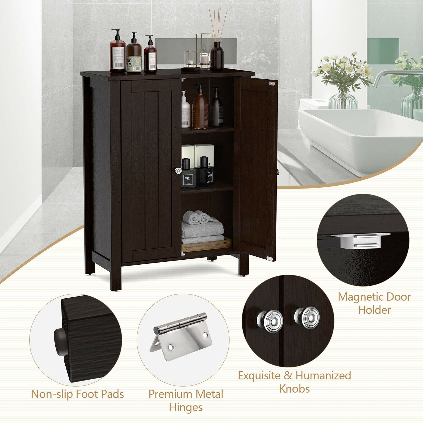 2-Door Bathroom Floor Storage Cabinet Space Saver Organizer, Brown Floor Cabinets at Gallery Canada