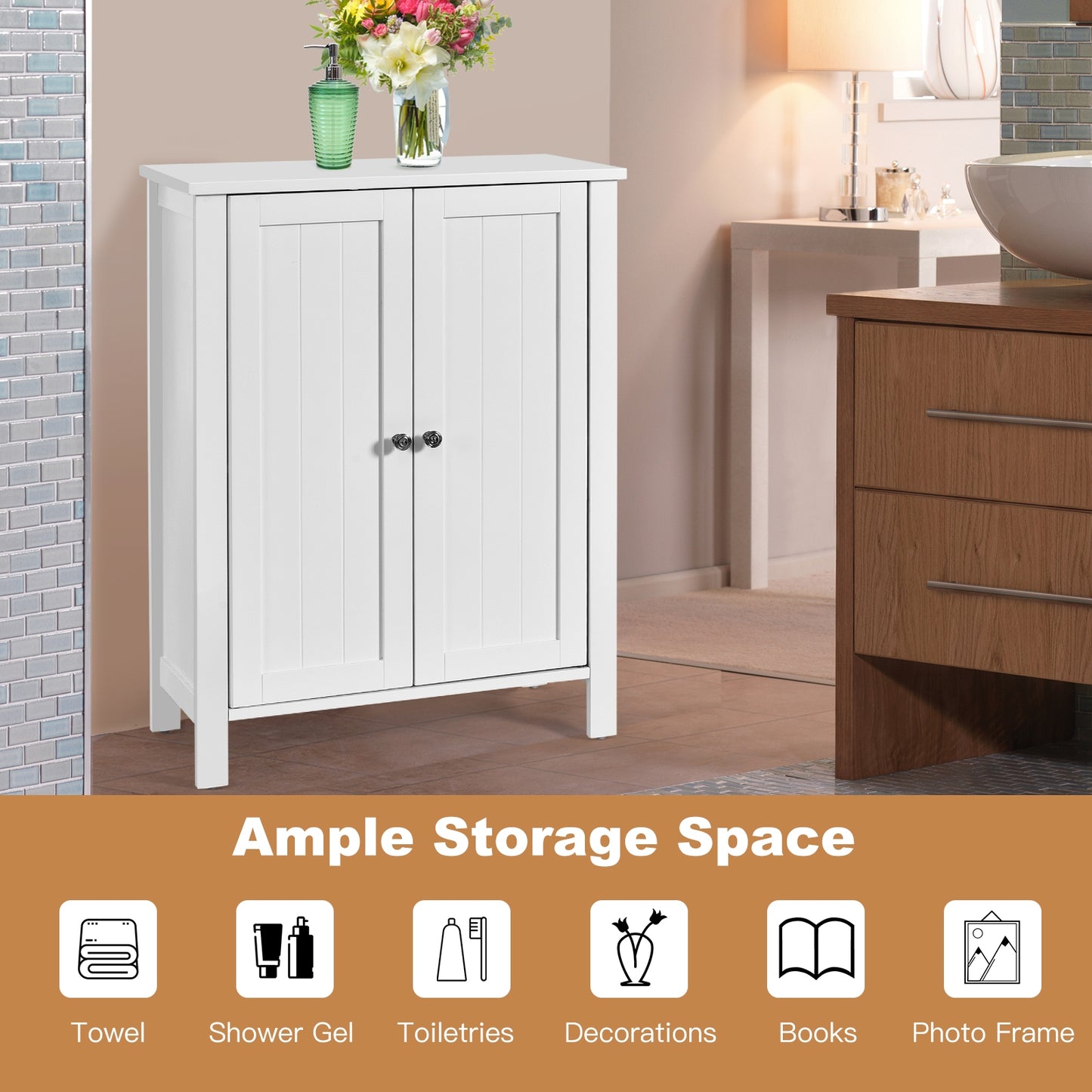 2-Door Bathroom Floor Cabinet, Adjustable Shelf, White