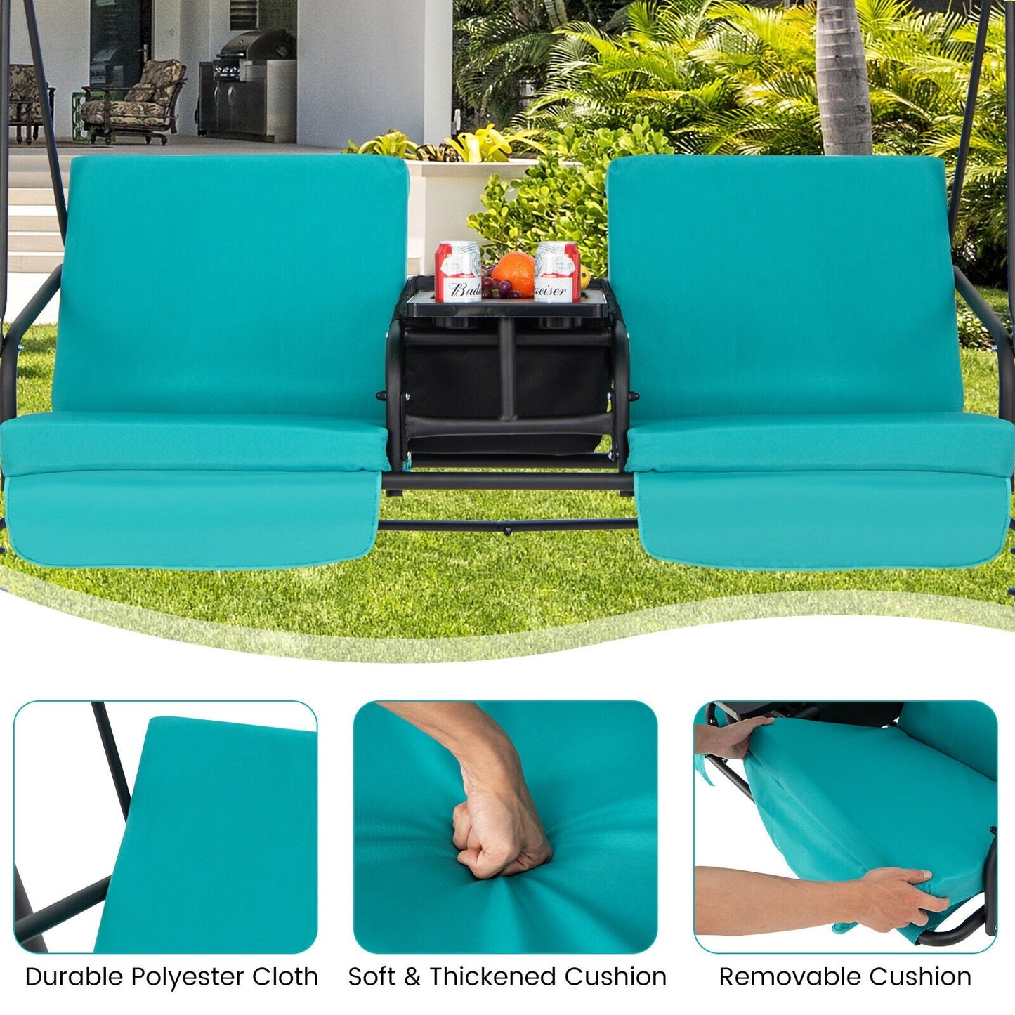 Porch Swing Chair with Adjustable Canopy, Turquoise